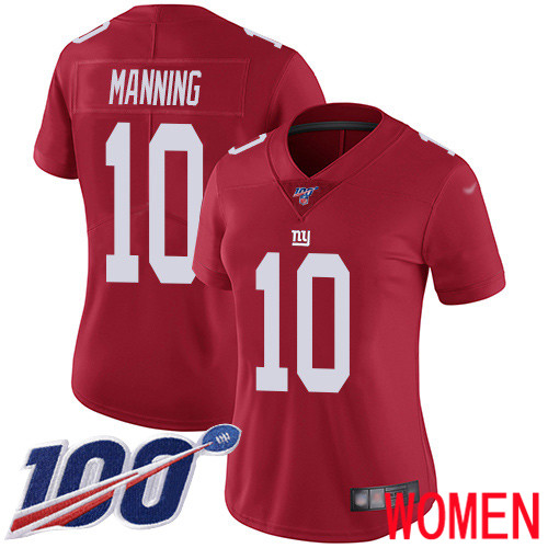 Women New York Giants #10 Eli Manning Red Limited Red Inverted Legend 100th Season Football NFL Jersey->women nfl jersey->Women Jersey